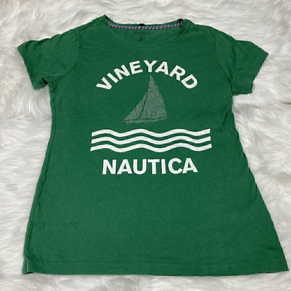 NAUTICA  T-Shirt Women's Size Small Green Short Sleeve Sailboat Cotton Logo